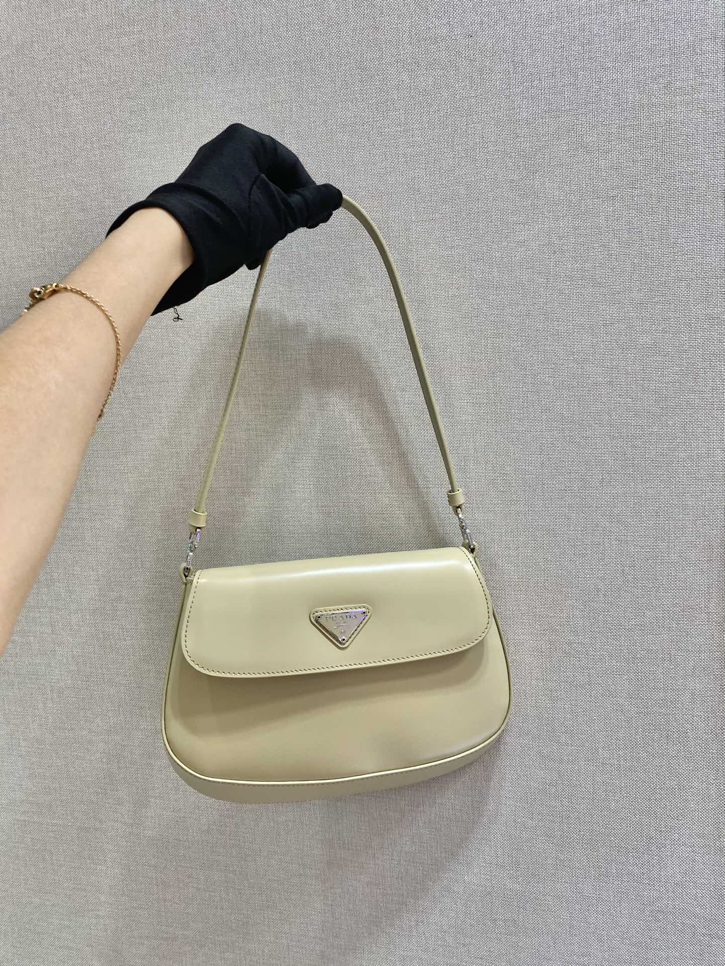 Prada Cleo Brushed Leather Shoulder Bag With Flap Beige 1BD311